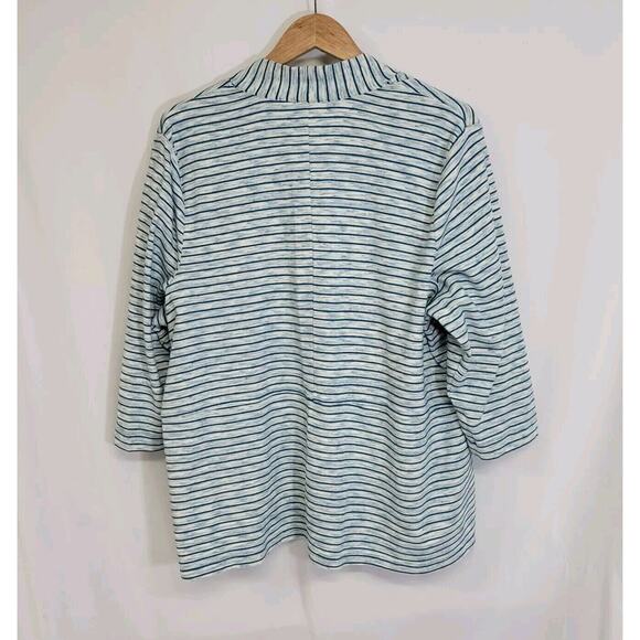 T by Talbots Teal Blue Stripe Cotton Blend 3/4 Sleeve Open Front Cardigan - Picture 4 of 6